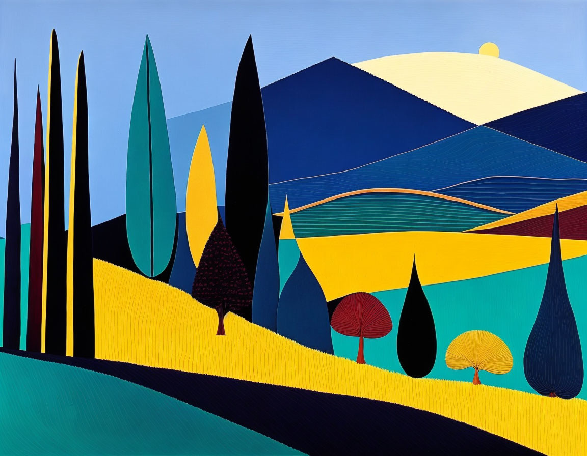 Colorful landscape painting with abstract trees, hills, sun, and bold shapes