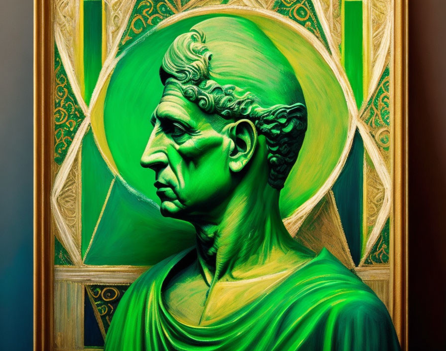 Classical bust painting with green hue in ornate golden frame