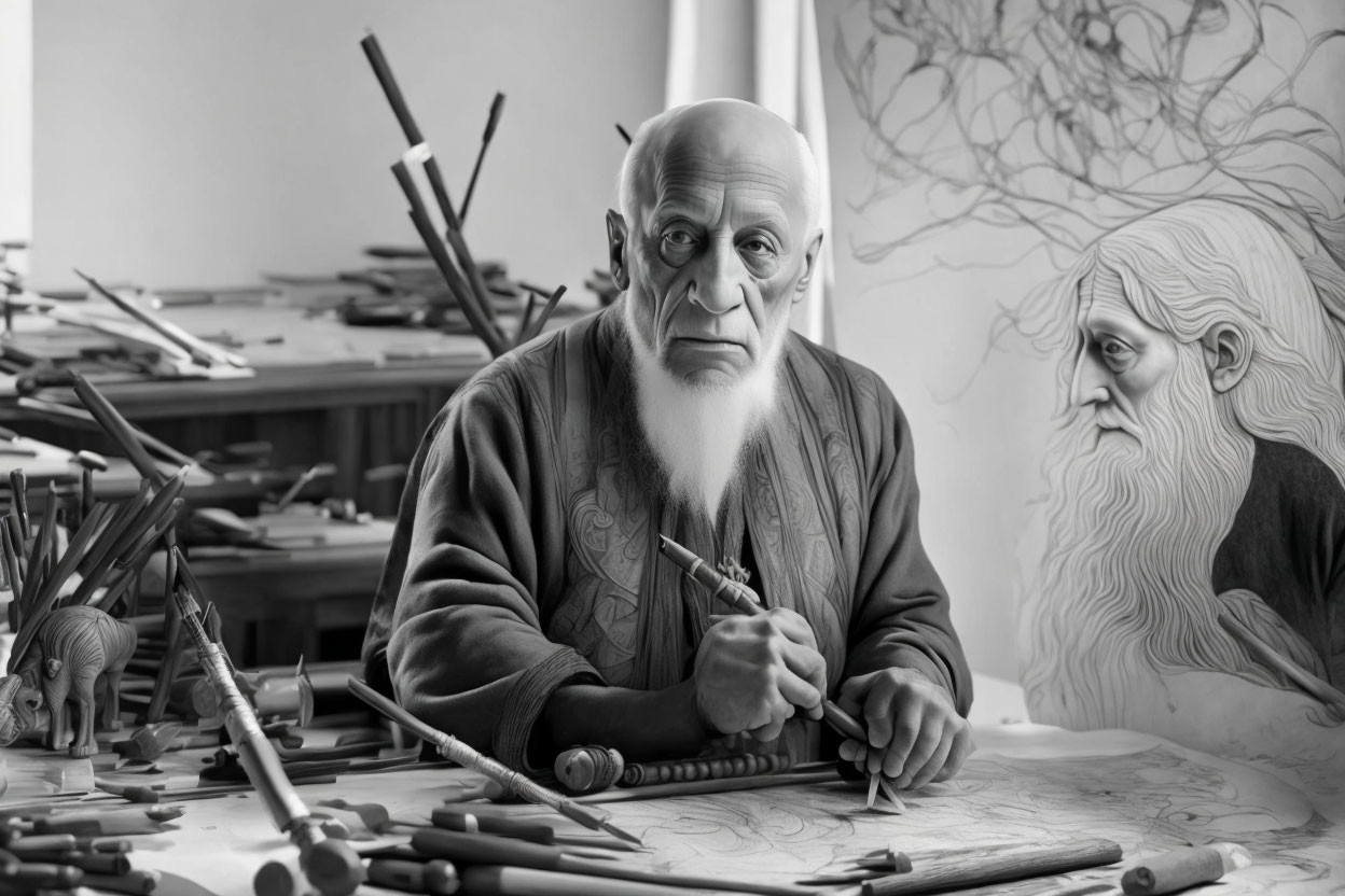 Elderly artist creating detailed drawing with pencils