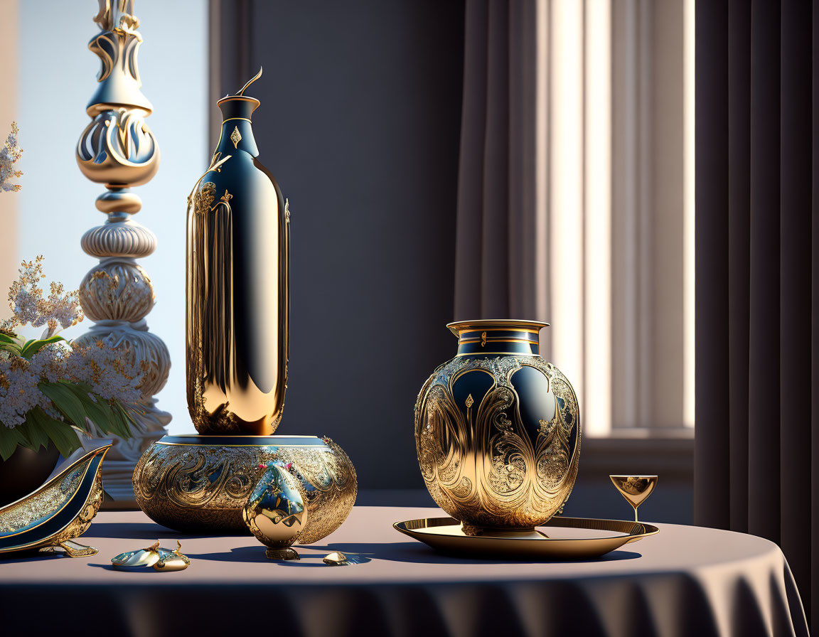 Luxurious Interior Scene with Golden Vases on Draped Table