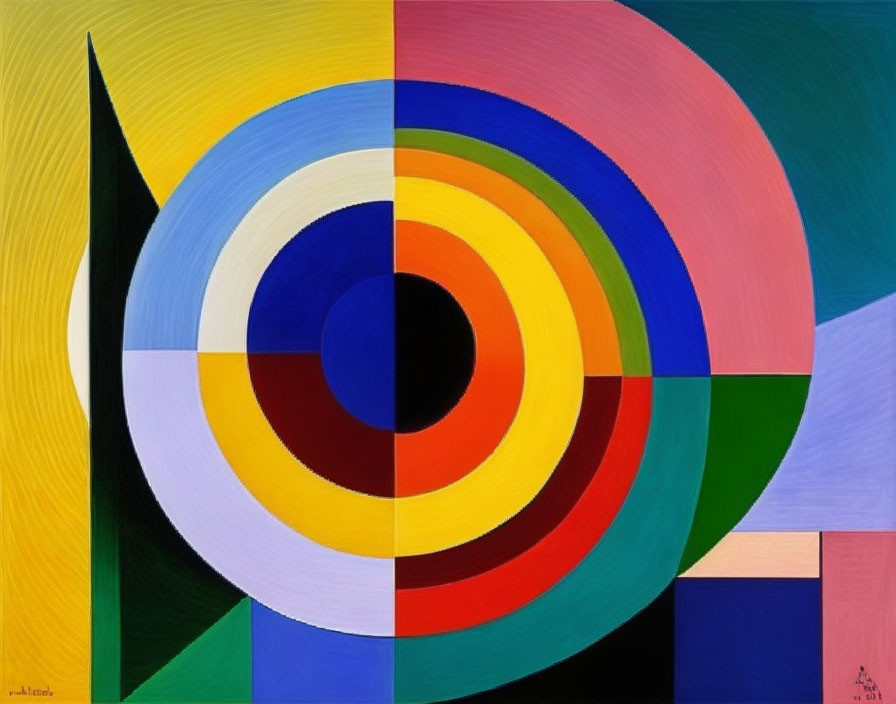 Vibrant geometric painting with concentric circles and bold black lines