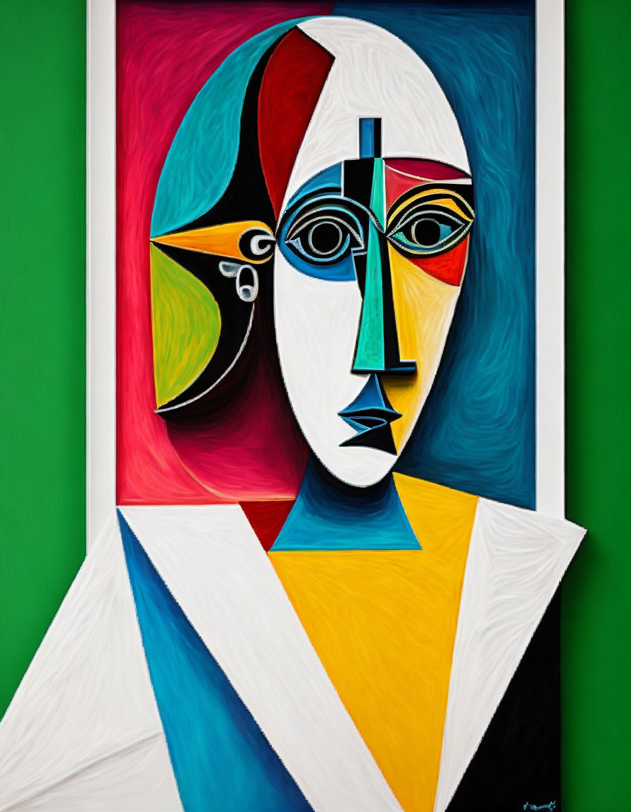 Abstract Cubist Portrait with Colorful Geometric Shapes on Green Background