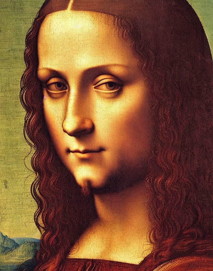Detailed Close-Up of Serene Mona Lisa's Face and Curly Hair