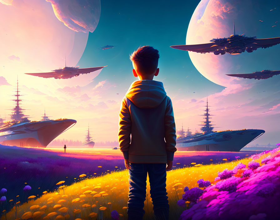 Boy in Field of Purple and Yellow Flowers with Spaceships and Planets