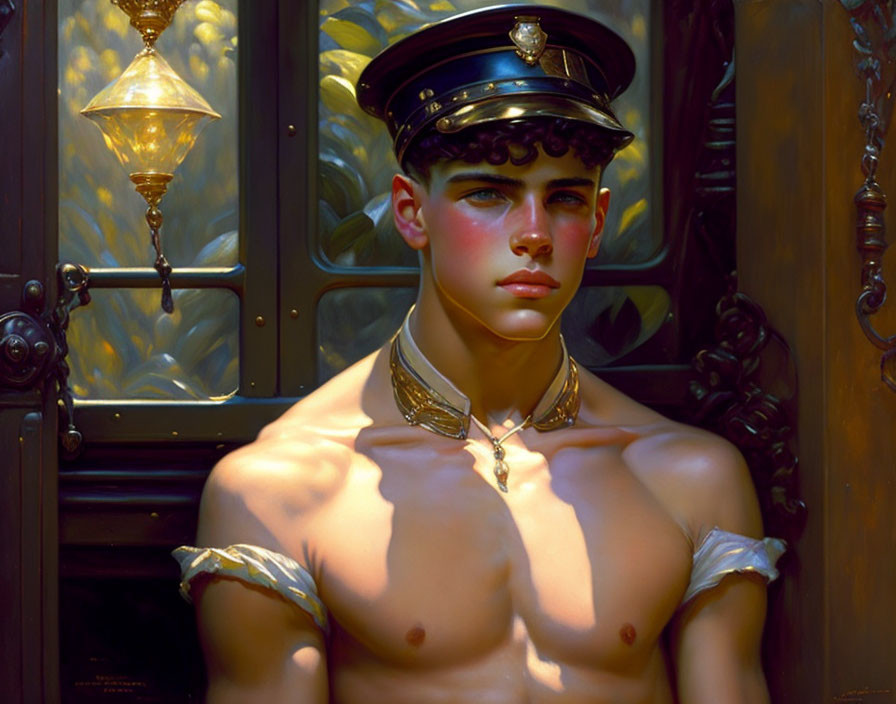 Vintage uniform cap and collar on shirtless young man in classical setting with warm lighting