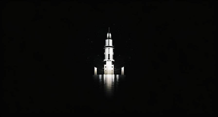 White Rocket Illuminated on Dark Background with Reflective Surface