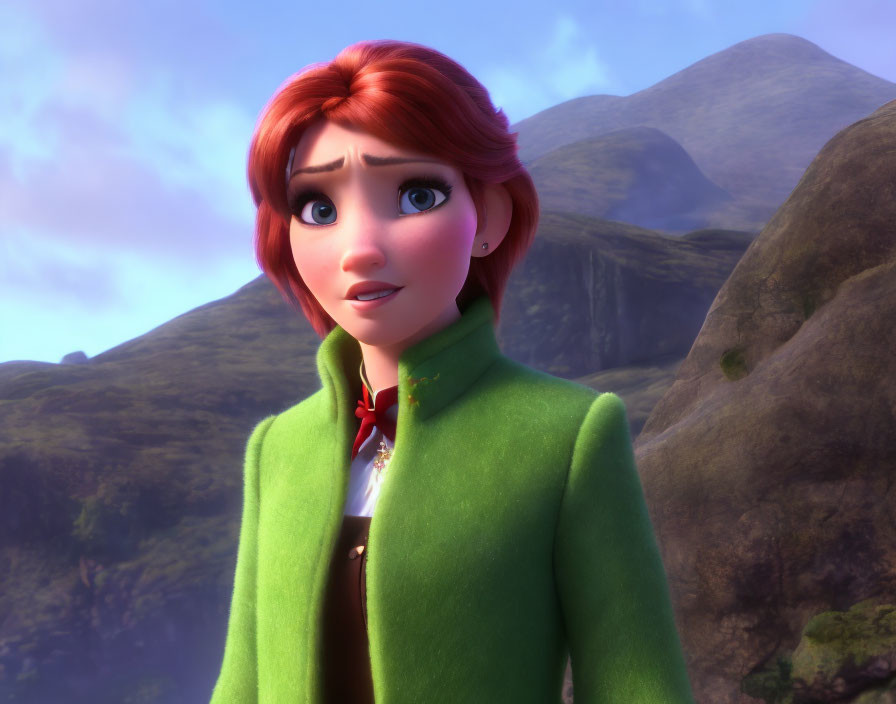 Red-Haired Female 3D Character in Green Coat with Concerned Expression against Green Hills