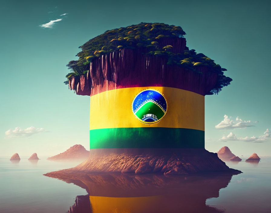 Brazilian flag painted cliff on lush island with calm water and pointy islets.