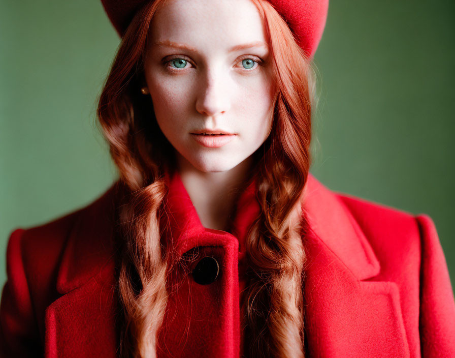 Red-haired woman in red beret and coat on green background