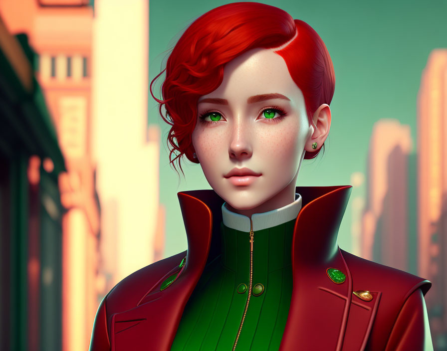 Vibrant 3D portrait of a woman with red hair and green eyes in red jacket against