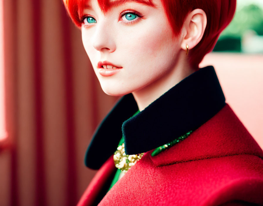 Person with Red Hair and Blue Eyes in Red Coat and Green Necklace Close-Up Shot