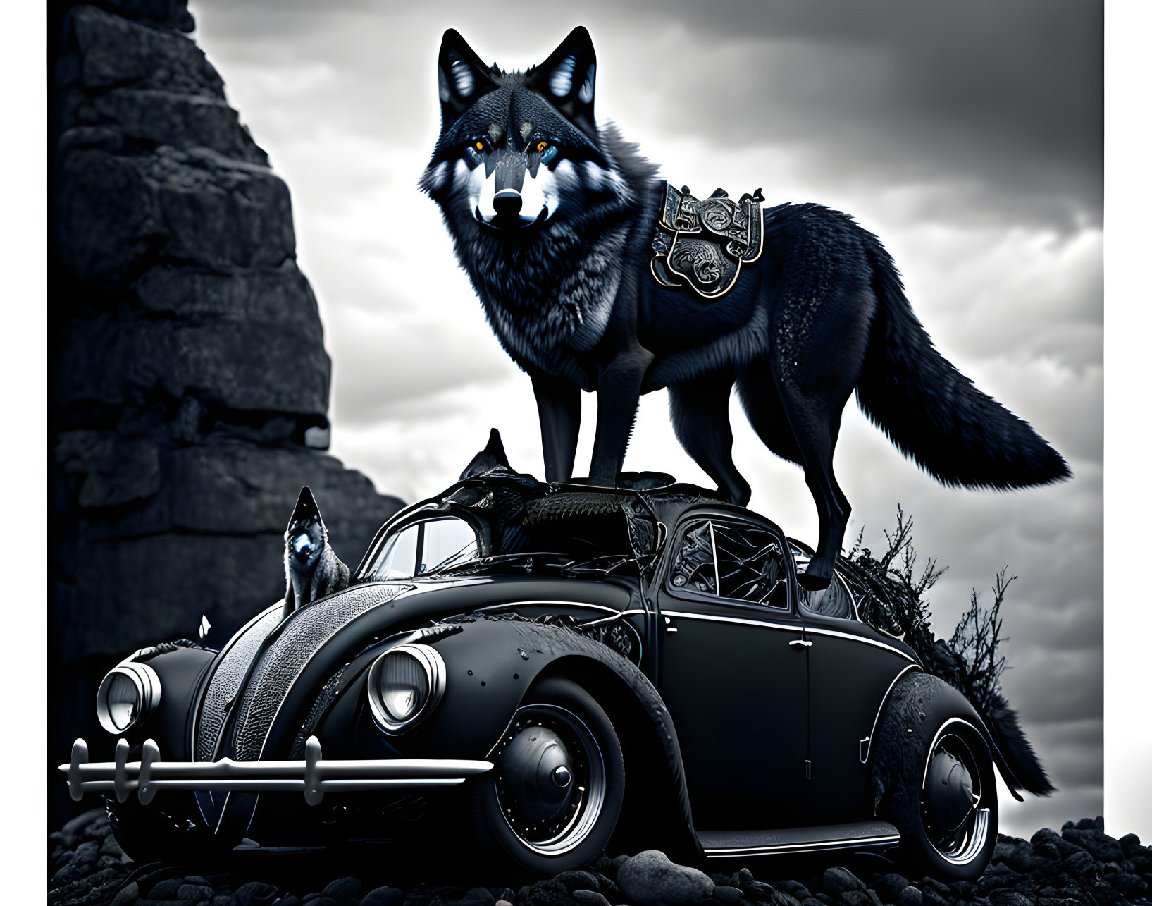 Stylized blue wolf on black car in rocky landscape