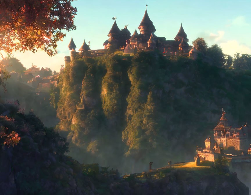 Majestic castle on lush cliff at sunset with trees and smaller structure