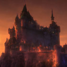 Gothic castle with spires in fiery sky - mystical and foreboding atmosphere