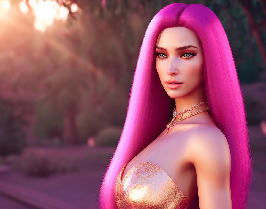 Vibrant pink-haired woman in golden jewelry against sunset backdrop