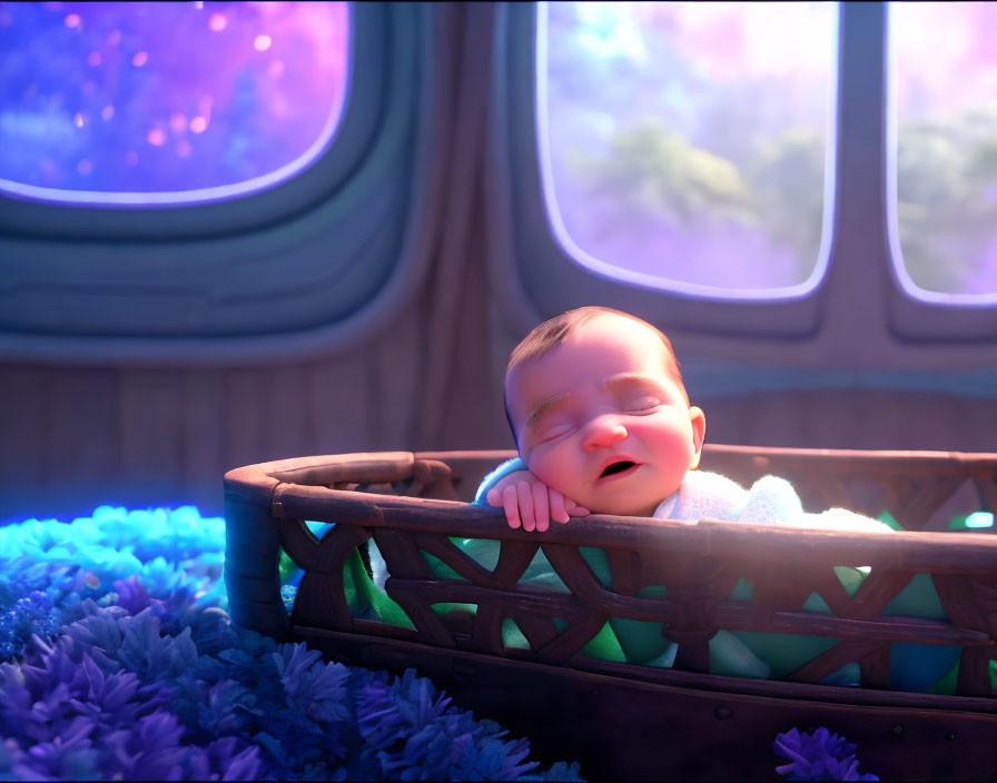 Sleeping Baby in Cradle in Cozy Room with Purple Cosmic View