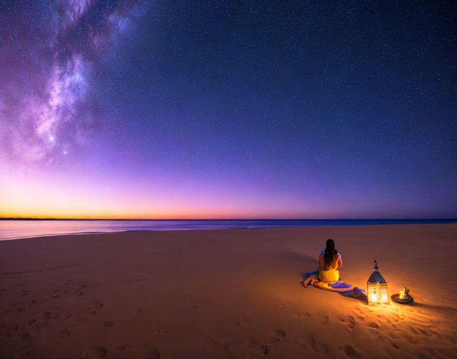 Twilight beach scene with two people under starry sky and lantern