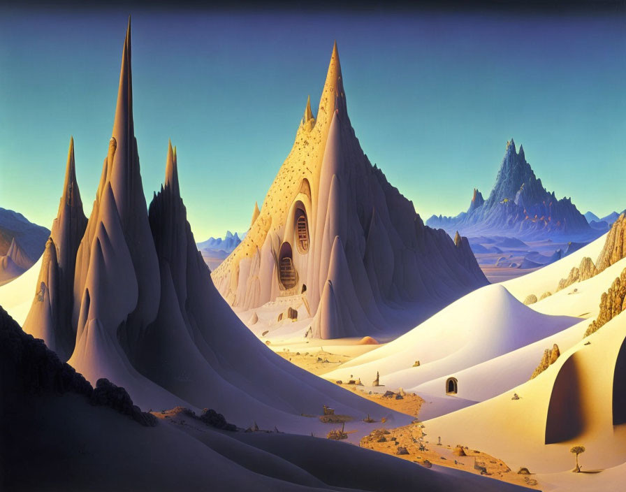 Surreal desert landscape with towering spires and door-adorned peak