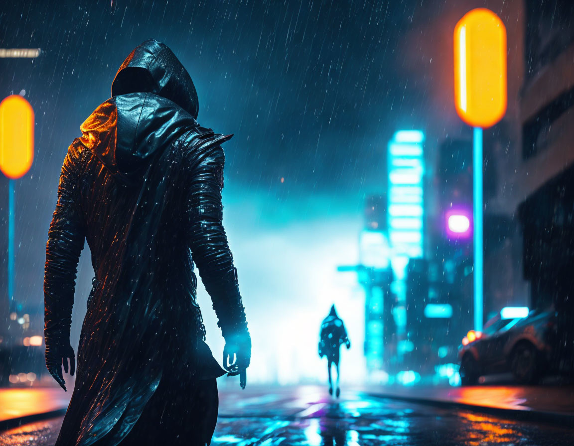 Person in hooded jacket standing in rain under city neon lights