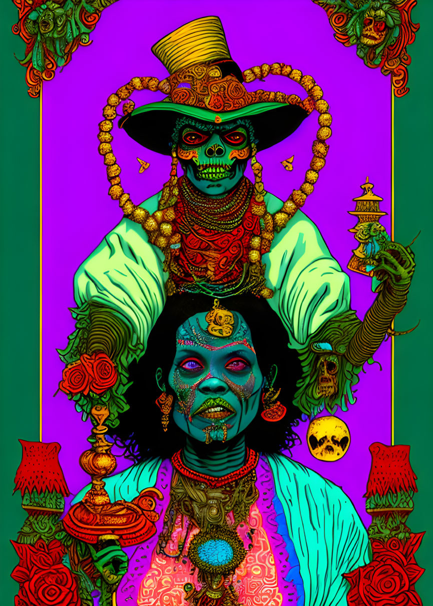 Colorful illustration: two characters with decorated skulls and traditional attire on ornate backdrop.