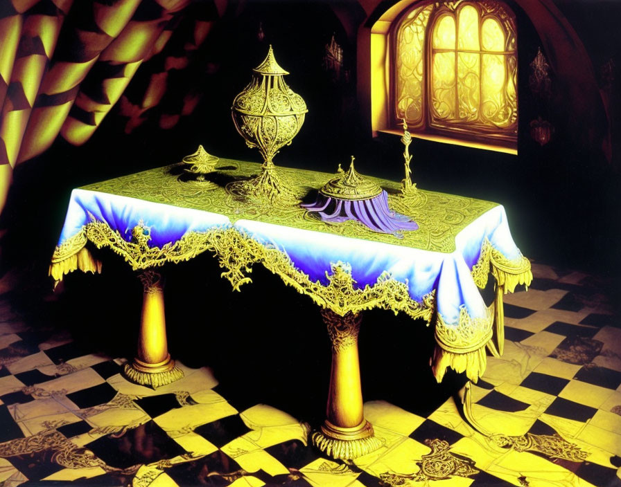 Surreal artwork of table with blue cloth, distorted metallic objects, checkered floor, arched