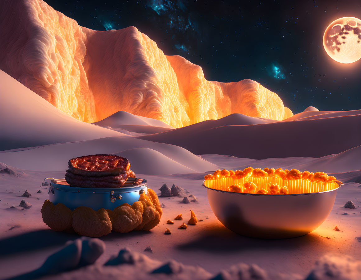 Surreal desert night scene with oversized glowing burger and macaroni under starry sky
