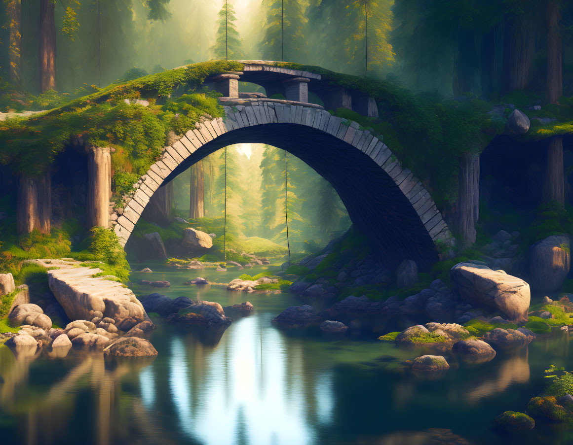 Stone arched bridge over river in misty forest with sunlight filtering.