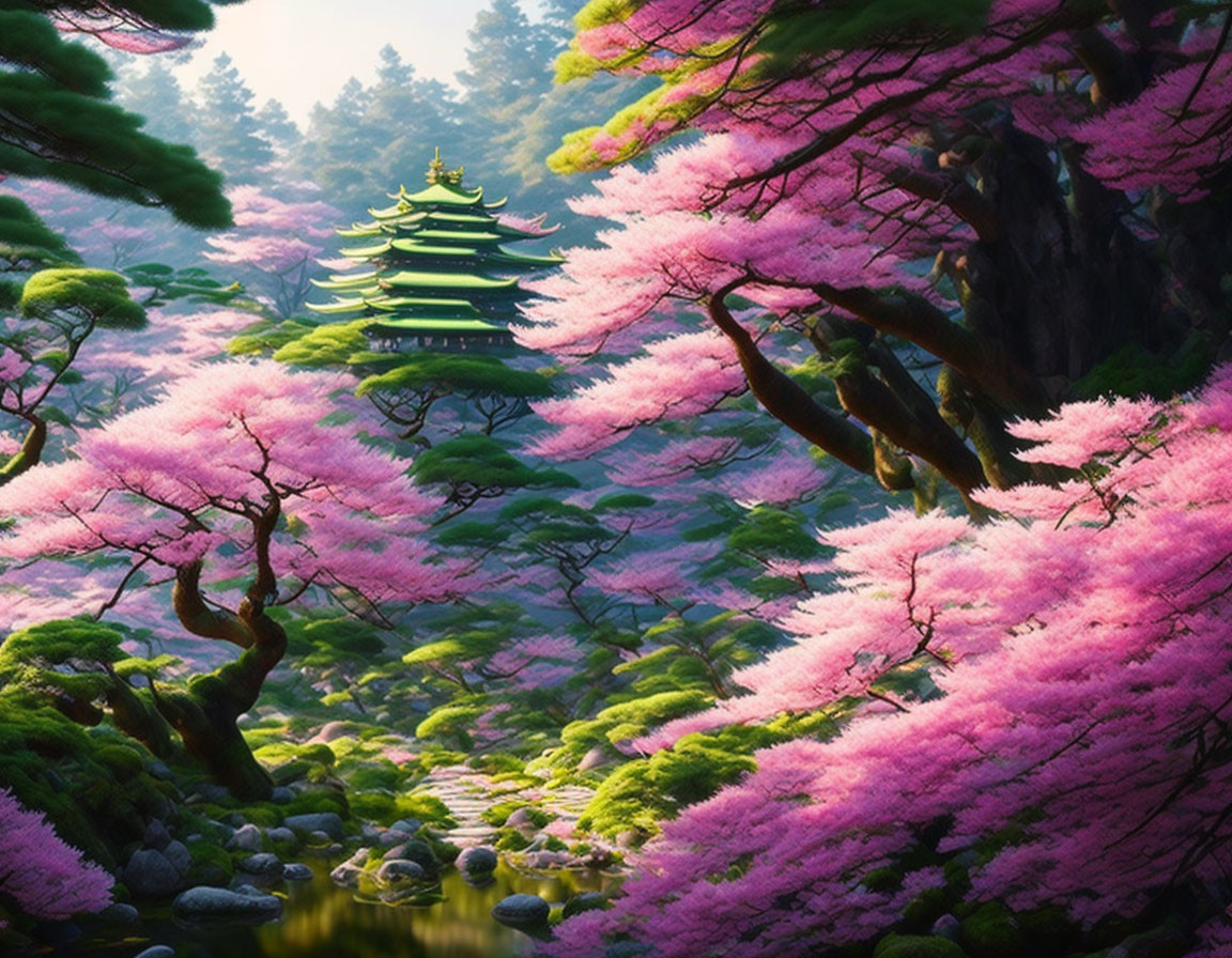 Tranquil landscape with pink cherry blossoms and pagoda in lush forest