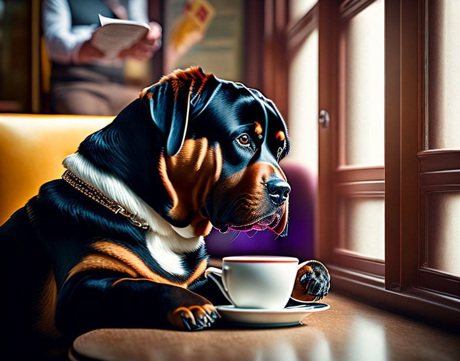 Rottweiler dog with gold chain sitting by a coffee cup, person reading in background