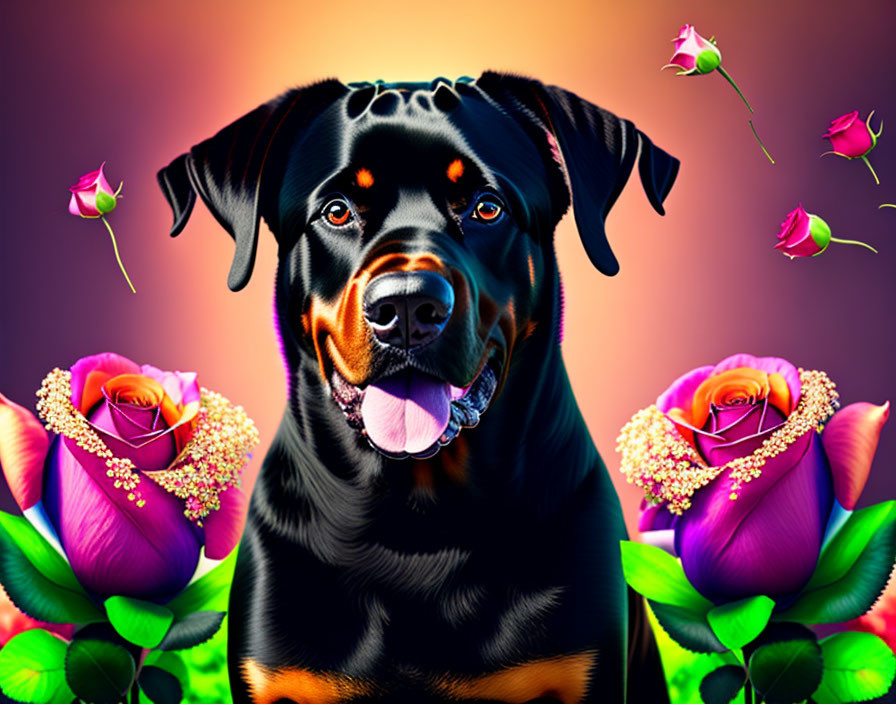 Colorful Digital Art: Black Rottweiler Among Roses