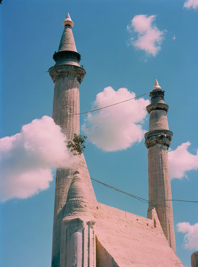 Tall minarets under blue sky with cloud and bush on wire.