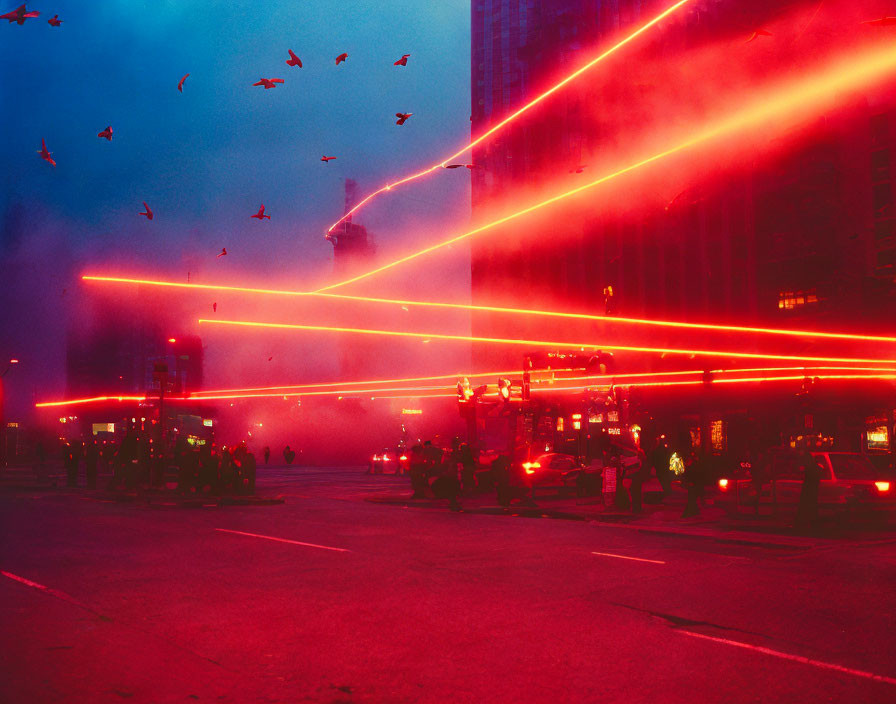 City scene at dusk: red laser lights, birds, silhouettes of people and vehicles.