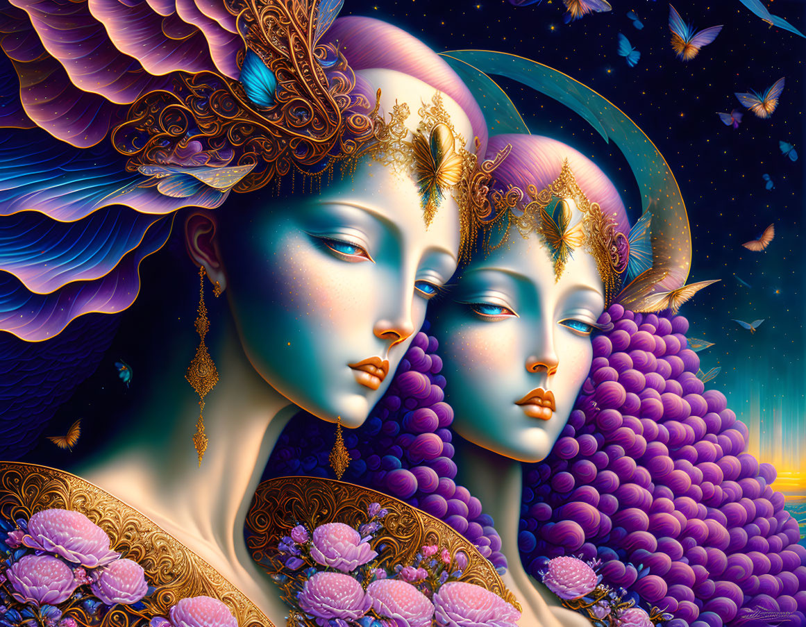 Surreal illustration of adorned female figures in cosmic setting