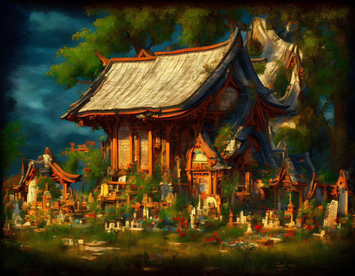 Traditional Asian temple in lush greenery with ornate graves and vivid flowers