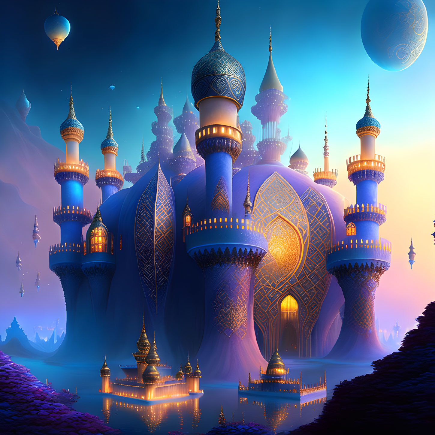 Mystical palace digital artwork with glowing blue domes and floating balloons