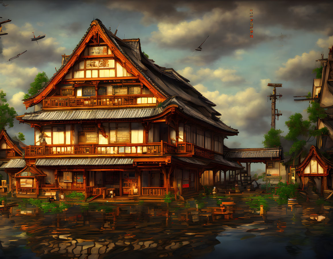 Japanese-style Building Reflecting in Pond at Dusk
