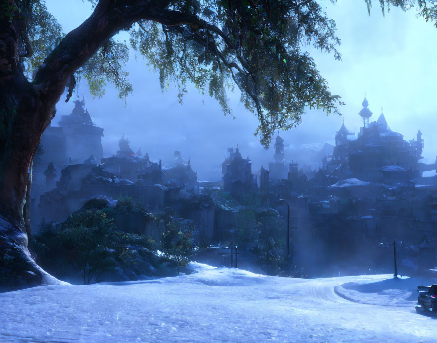 Snowy Twilight Landscape: Ancient City Under Tree in Soft Blue Light