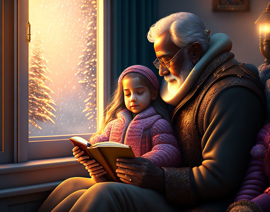 Elderly man reading to young girl with fireworks outside