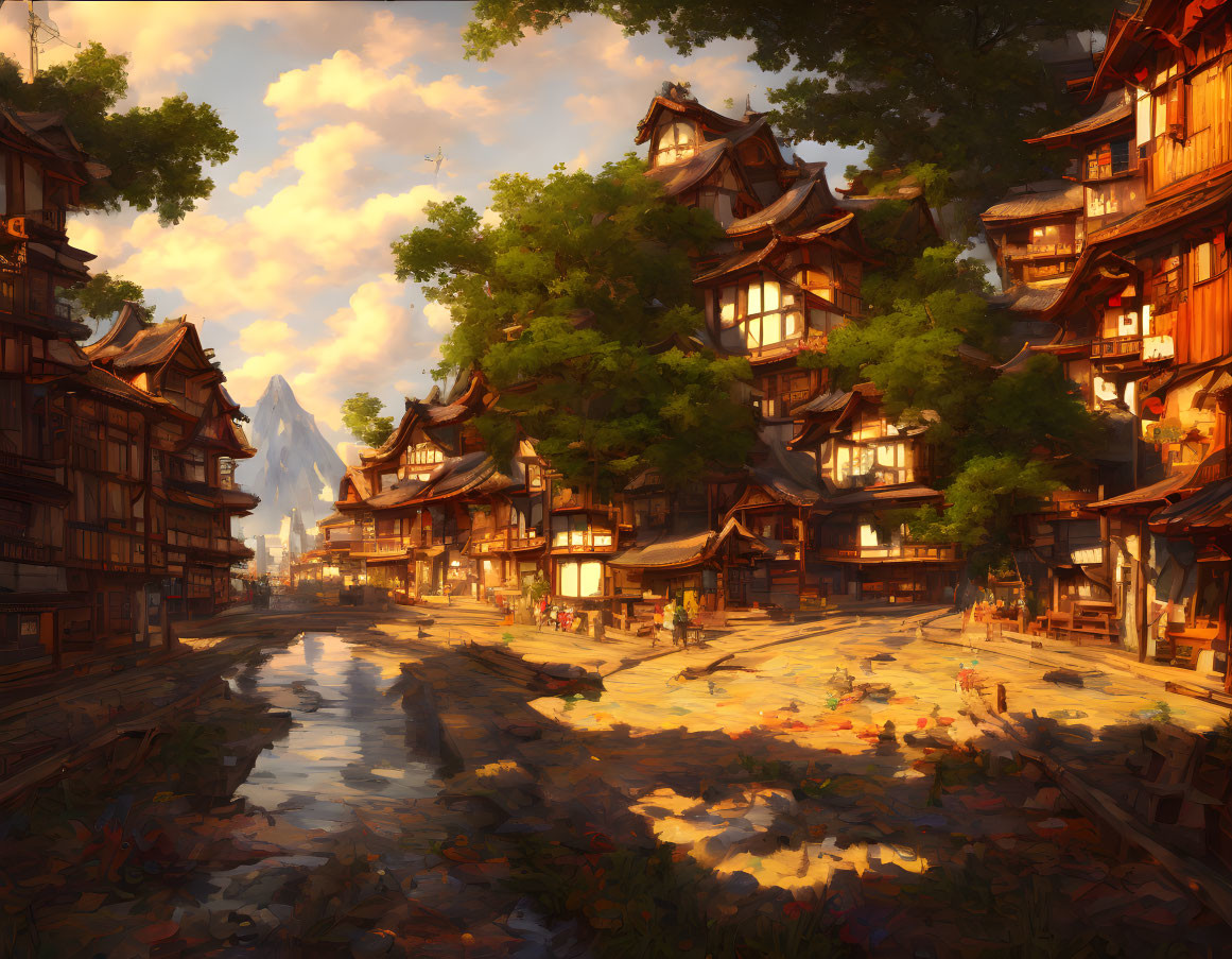 Traditional village with multi-storied wooden houses by a river at sunrise or sunset