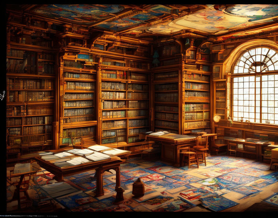 Sunlit ornate library with towering bookshelves, grand window, detailed ceiling artwork, and spread