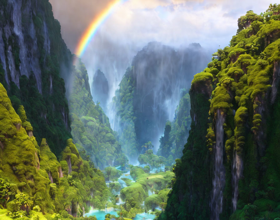 Vibrant rainbow over lush green cliffs with waterfalls