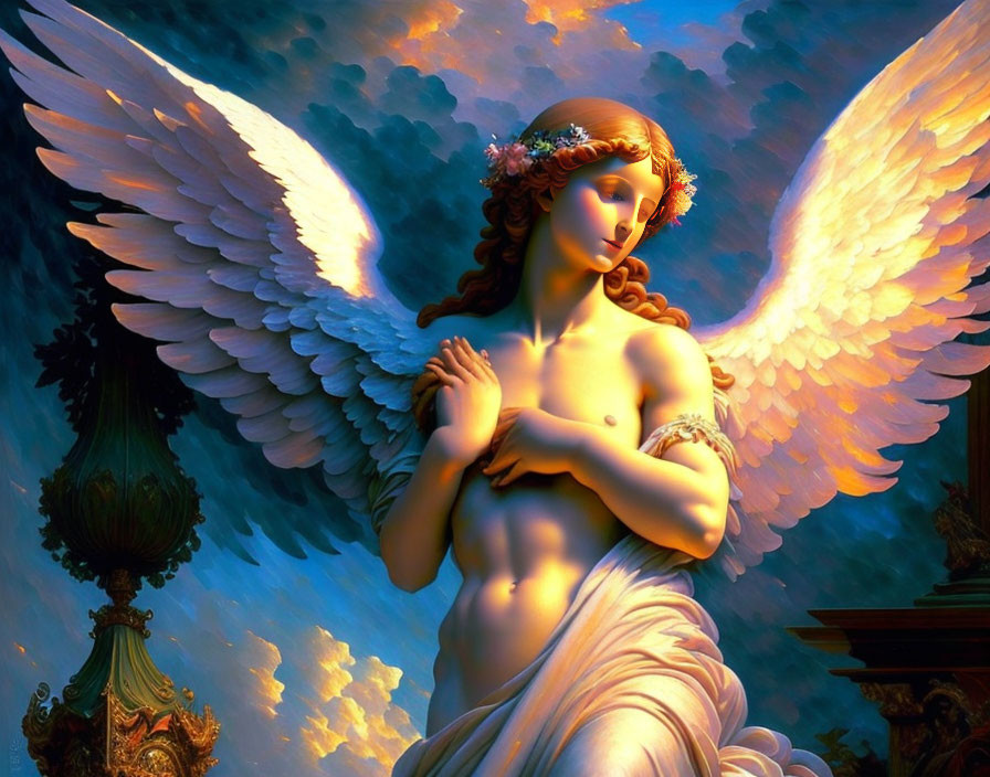 Serene angel with expansive wings and floral crown in warm celestial glow