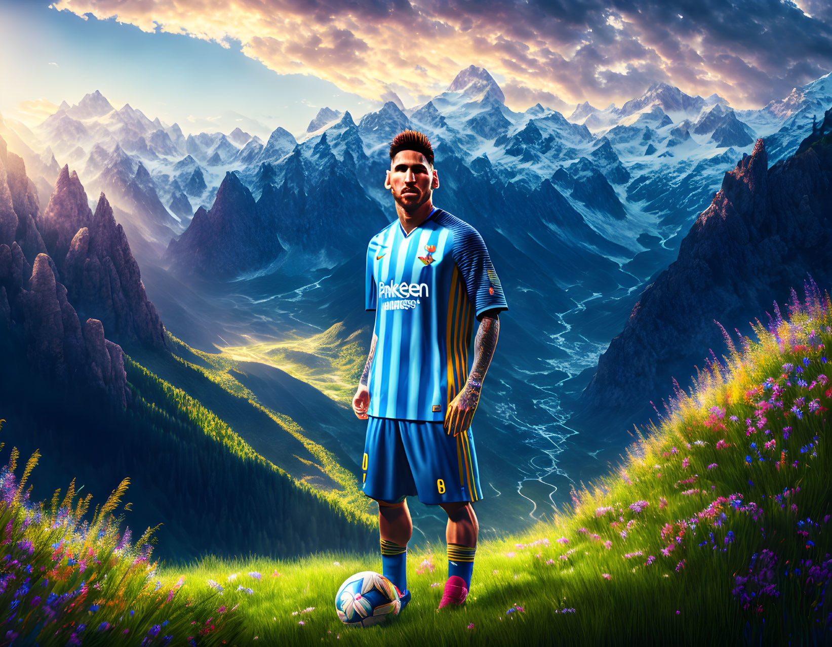 Soccer player on vibrant green field with snow-capped mountains at sunset