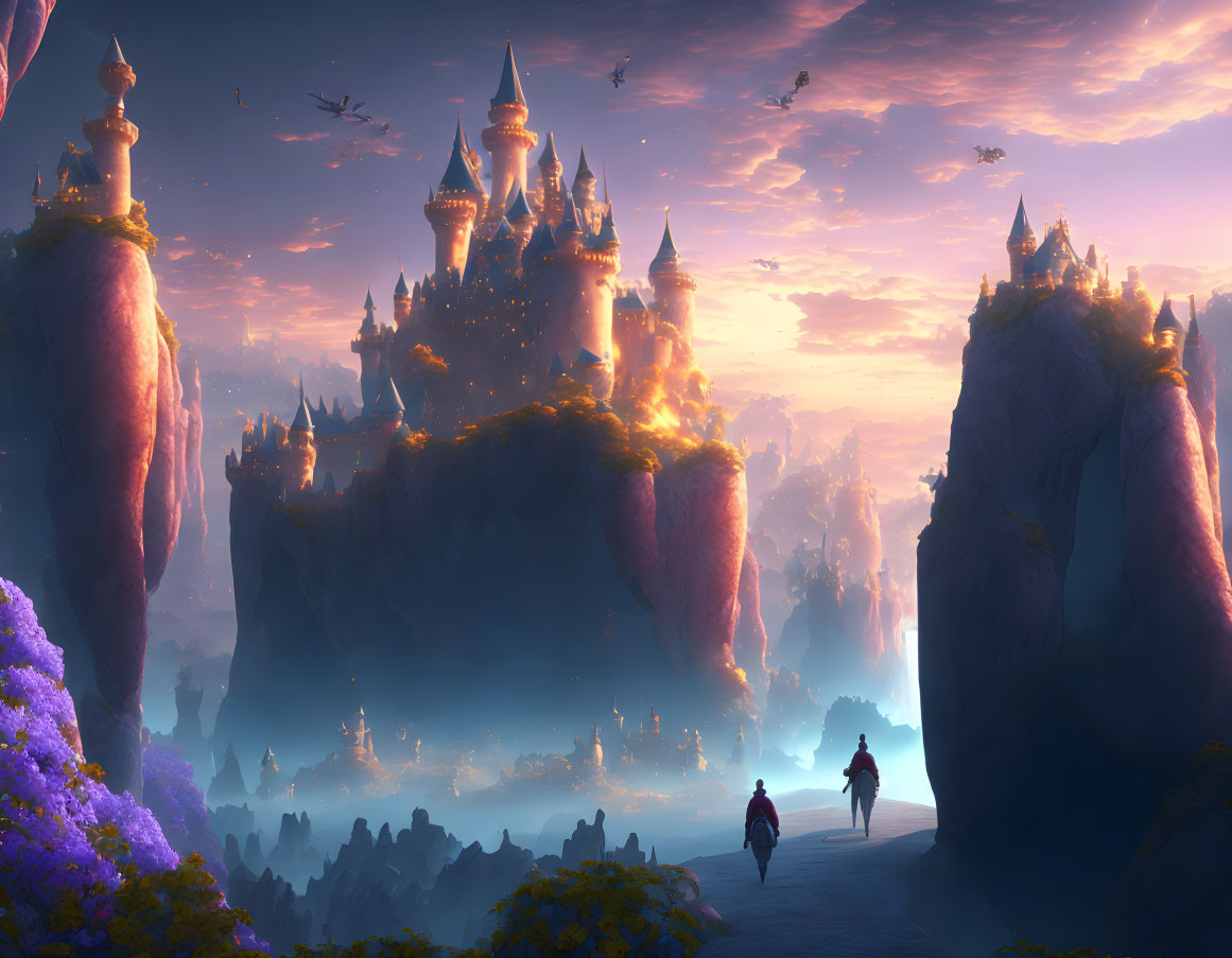 Fantastical castle on rock pillars at sunset with riders and floating islands.