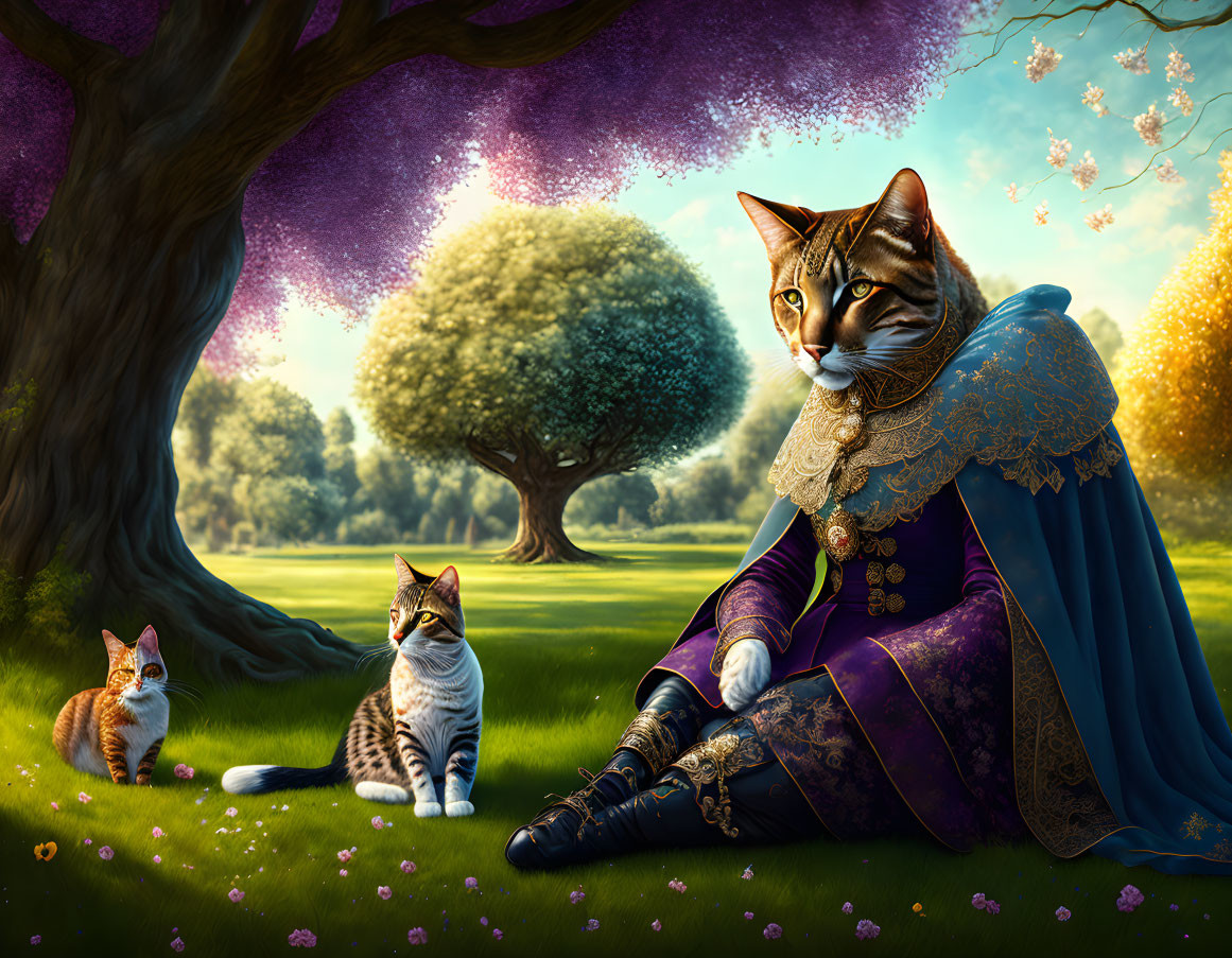 Surreal Illustration: Large Cat in Renaissance Attire with Two Smaller Cats