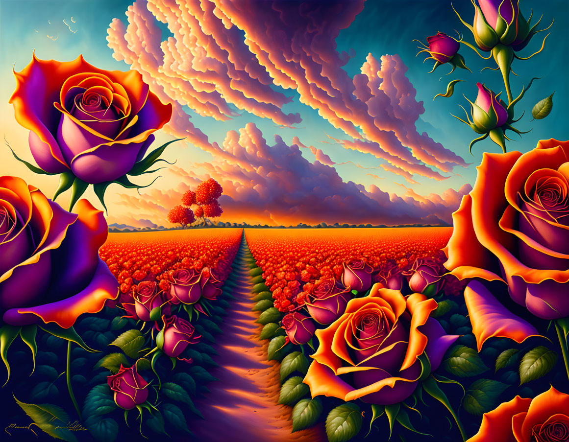 Surreal landscape with purple roses, orange blooms, and vivid sunset sky