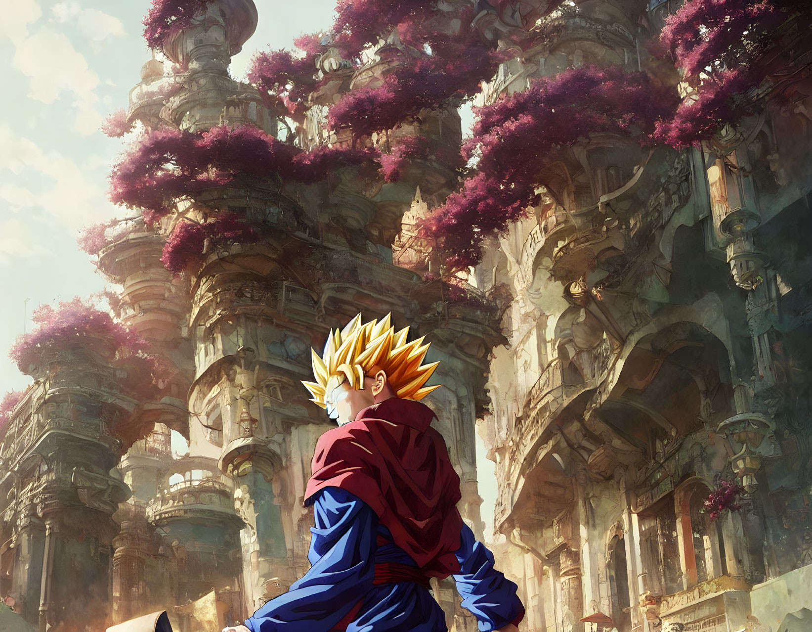 Spiky Blond-Haired Anime Character in Red Cape at Ancient Ruins