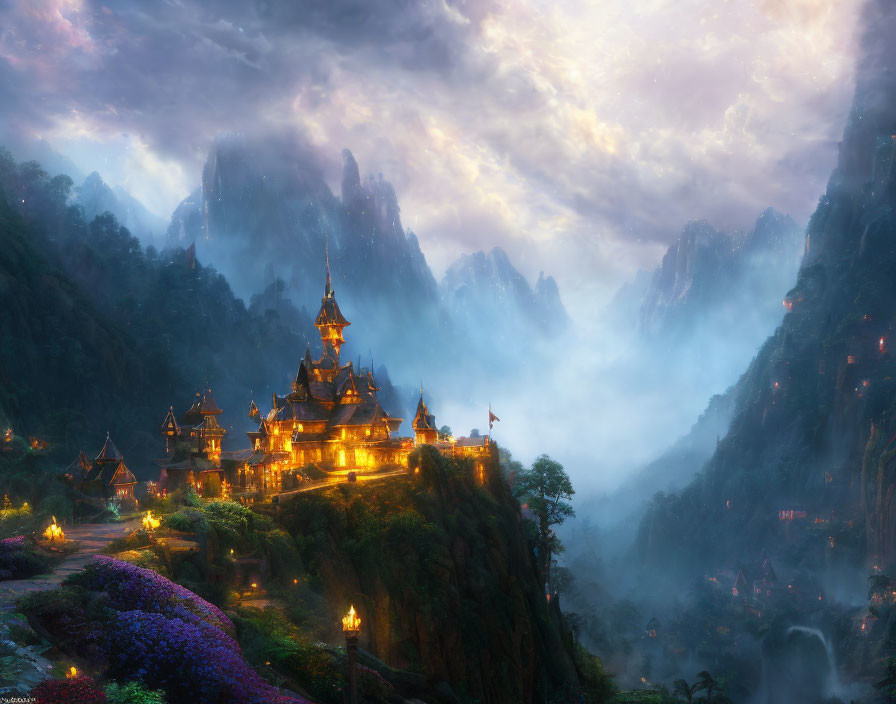 Fantasy landscape with illuminated castles at dusk