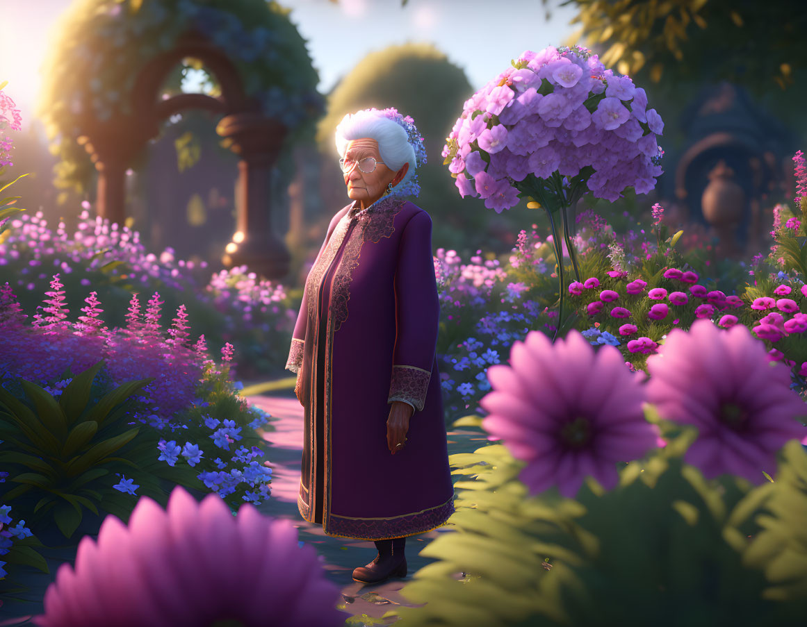 Elderly woman with white hair in vibrant garden with purple and pink flowers