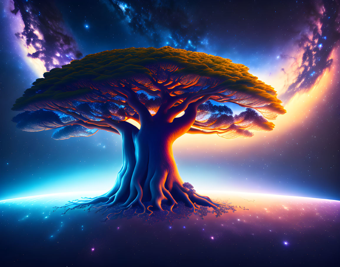 Majestic tree with vast branches in cosmic backdrop of vibrant blues, purples, and oranges